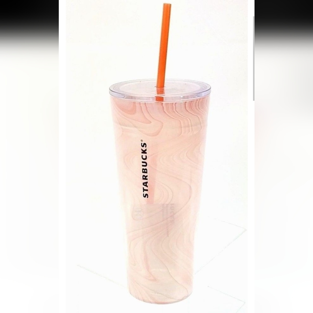 STARBUCKS VENTI PINK CORAL MARBLE GLASS DOUBLE WALL COLD CUP TUMBLER
